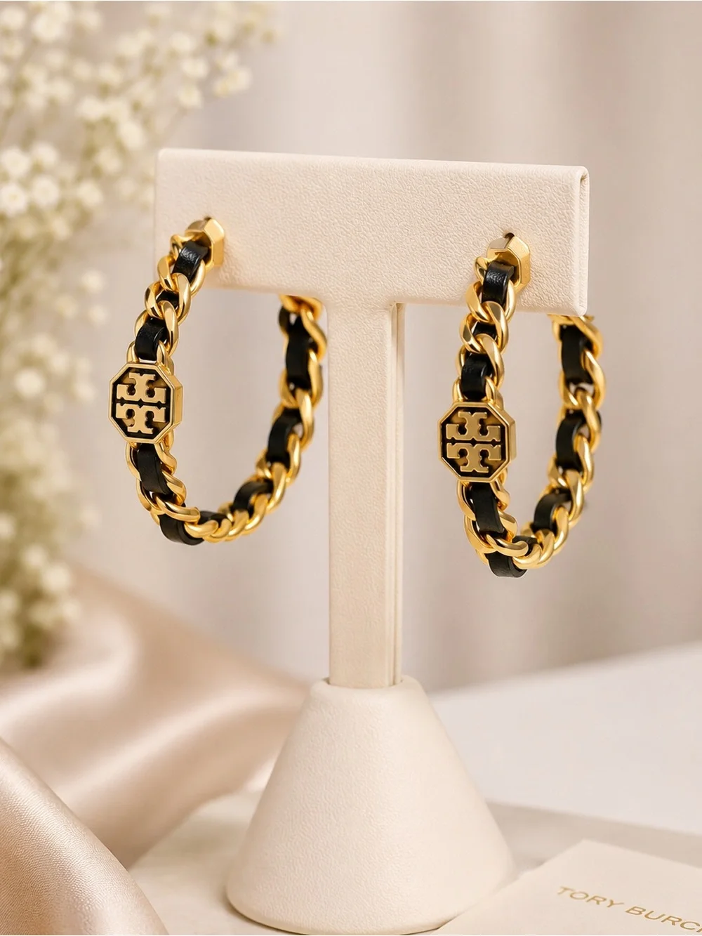 NWOT Tory Burch Gold Black Chain Hoop Earrings